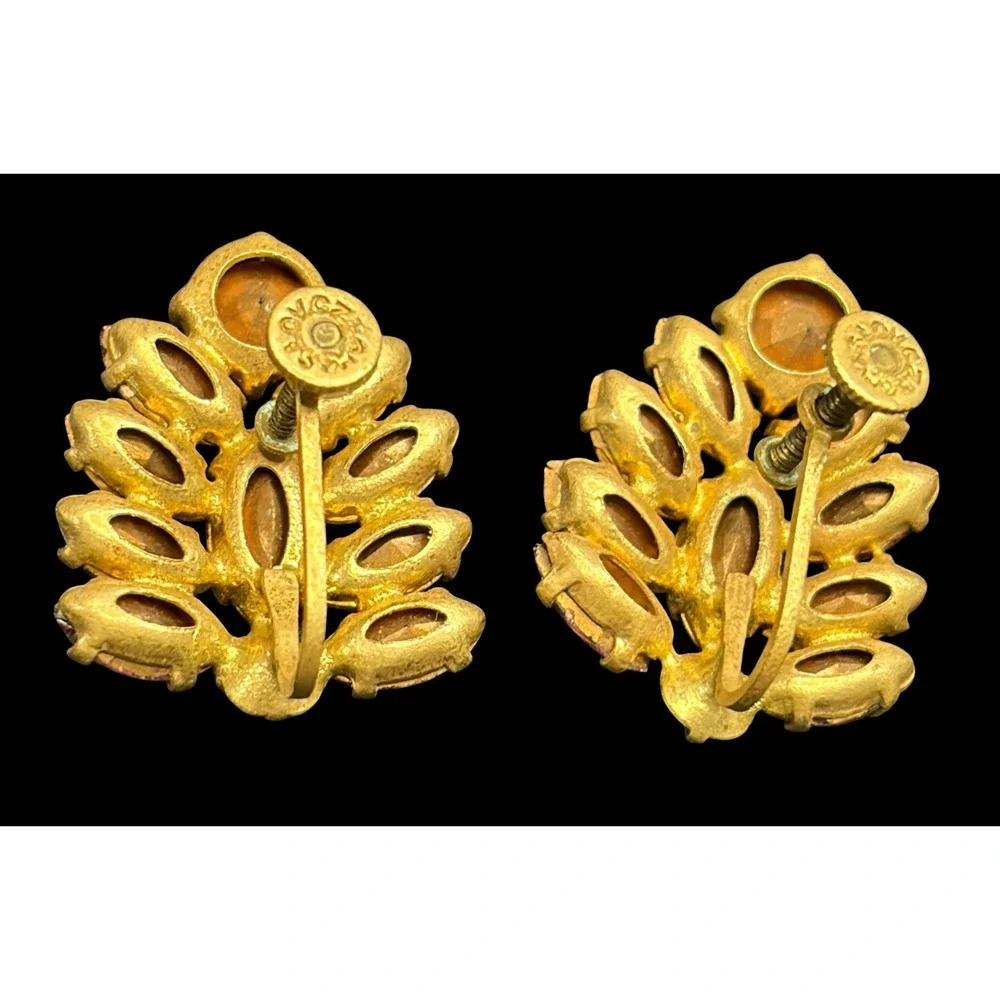 Vintage 1940s Pink Rhinestone Cluster Earrings Czechoslovakia Screwback GoldTone